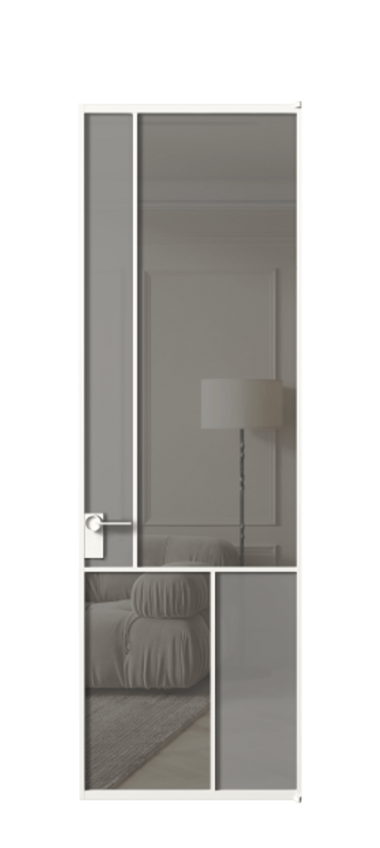 Межкомнатная дверь Mosaic АЛПЛ041.20 Алюминий Белый Сатинированное серое стекло, триплекс, 6 мм + Прозрачное серое стекло, триплекс Цена 160070 ₽ | Volhovec