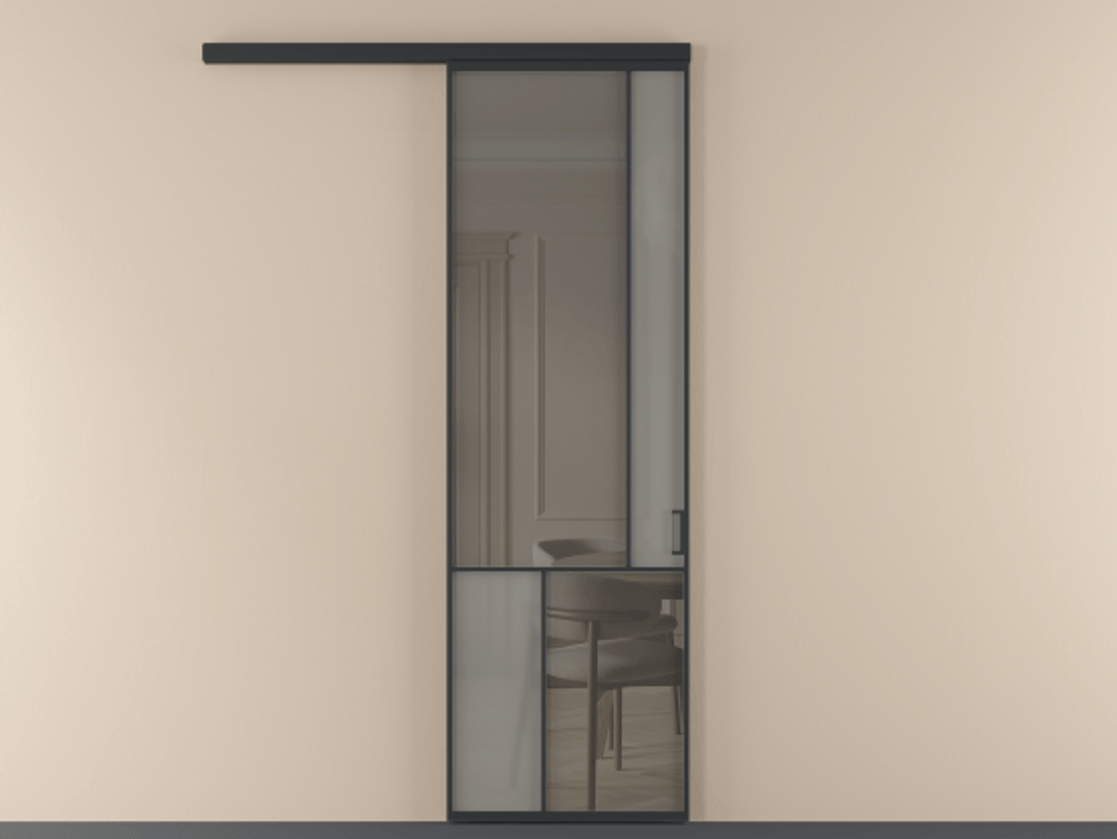 Перегородка Mosaic вдоль стены одностворчатая АЛПР 041.21 Алюминий Черный Сатинированное серое стекло, триплекс, 6 мм + Прозрачное серое стекло, триплекс Цена 131390 ₽ | Volhovec