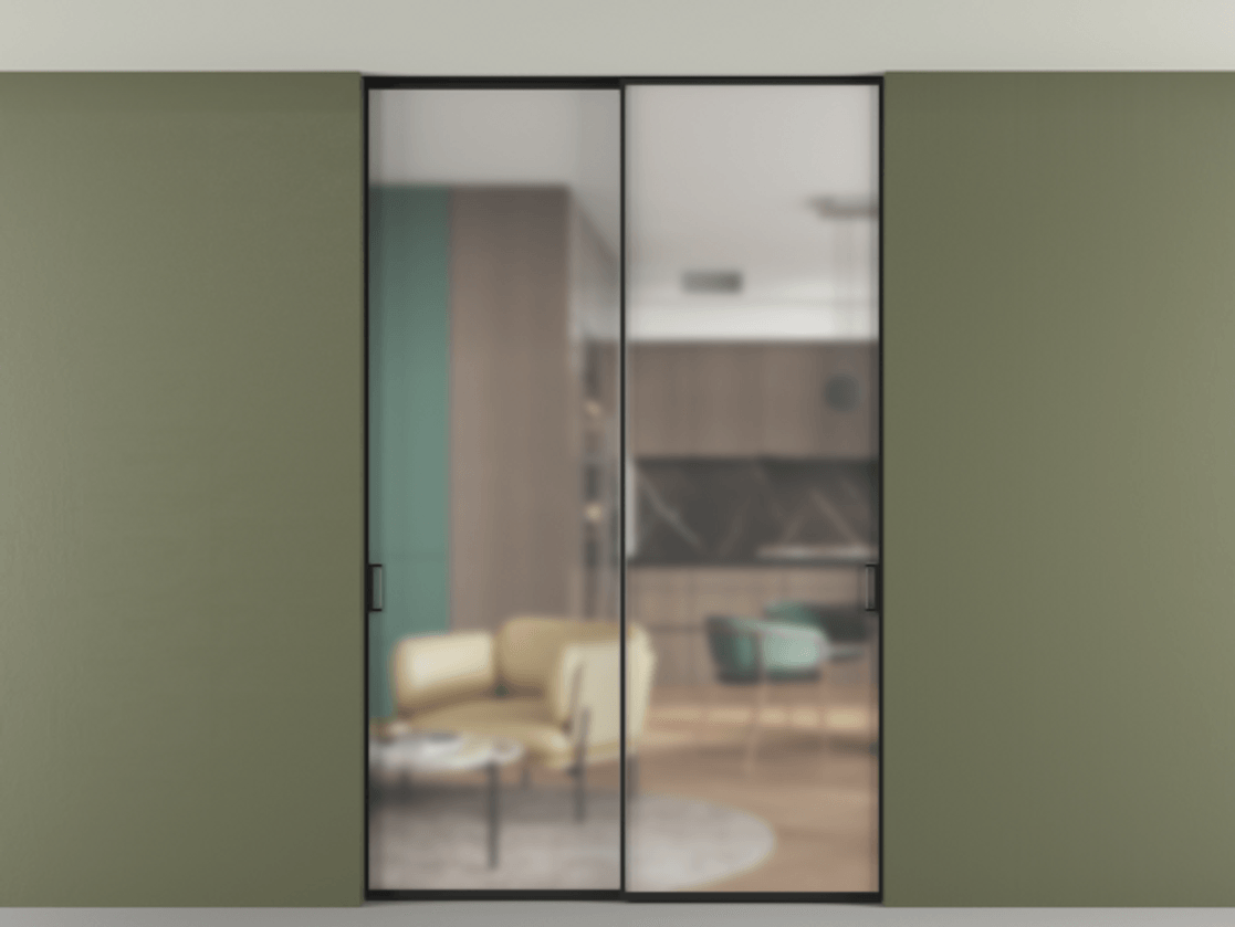 Перегородка Formato внутри проёма двустворчатая со скрытым креплением в потолок АЛПР 040.01 Алюминий Черный Сатинированное стекло "Matelux Crystal Vision", калёное, матовое, каленое 6 мм Цена 14920 AZE | Volhovec