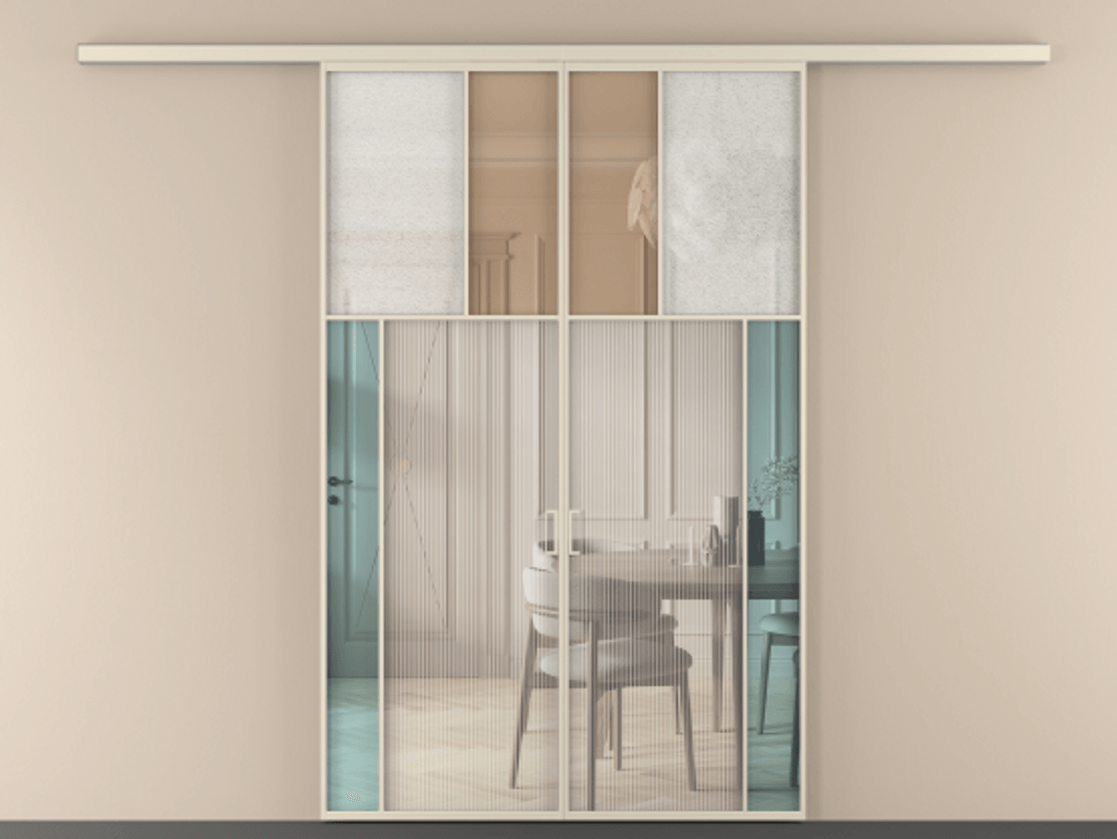 Перегородка Mosaic вдоль стены двустворчатая АЛПР 041.23 Алюминий бежево-серый Комбинация стекол Группы 1 и Группы 3 Цена 276860 ₽ | Volhovec