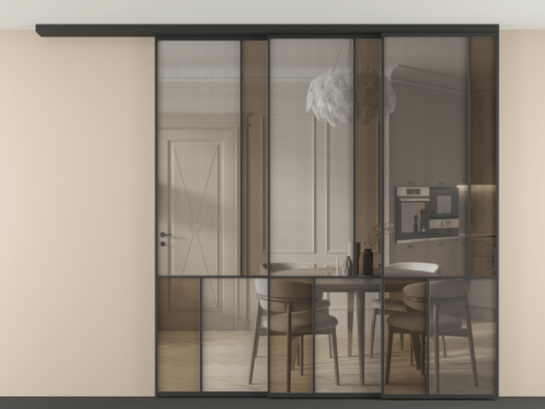 Перегородка Mosaic вдоль стены телескопик синхро 3 АЛПР 041.21 Алюминий Черный Декоративное стекло с сеткой "Mesh silver", триплекс, 6 мм + Прозрачное бронзовое стекло, триплекс Цена 484680 ₽ | Volhovec