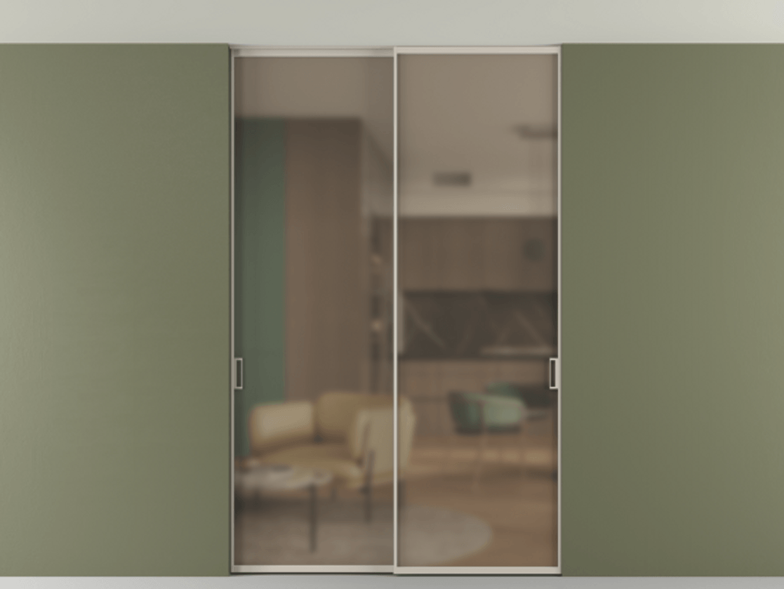 Перегородка Formato внутри проёма двустворчатая со скрытым креплением в потолок АЛПР 040.01 Алюминий светло-бежевый Сатинированное бронзовое стекло, триплекс Цена 246972 ₽ | Volhovec