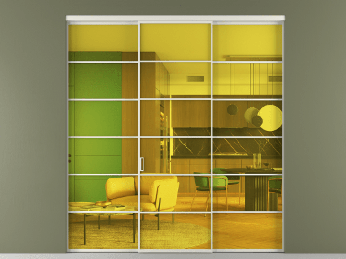 Перегородка Formato внутри проёма трёхстворчатая АЛПР 040.04 Алюминий Белый Прозрачное жёлтое стекло, триплекс Цена 13400 AZE | Volhovec