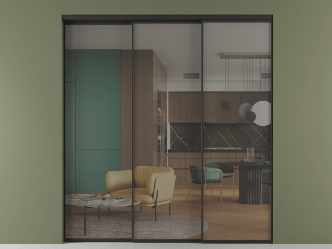 Перегородка Formato внутри проёма телескопик синхро 2 АЛПР 040.01 Алюминий Черный Прозрачное серое стекло, триплекс Цена 16480 AZE  | Volhovec