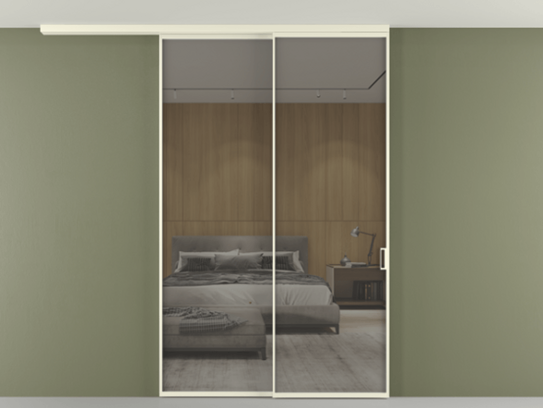 Перегородка Formato вдоль стены на потолок телескопик синхро 2 АЛПР 040.01 Алюминий молочно-белый Рефлективное серое стекло "Stopsol", калёное Цена 315140 ₽ | Volhovec