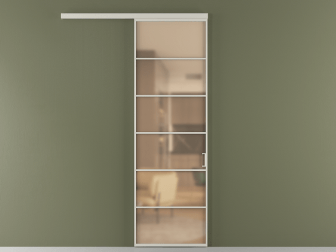 Межкомнатная дверь New Перегородка Formato вдоль стены одностворчатая АЛПР 040.04 Алюминий тёплый серый Сатинированное оранжевое стекло, триплекс Цена 5700  | Volhovec