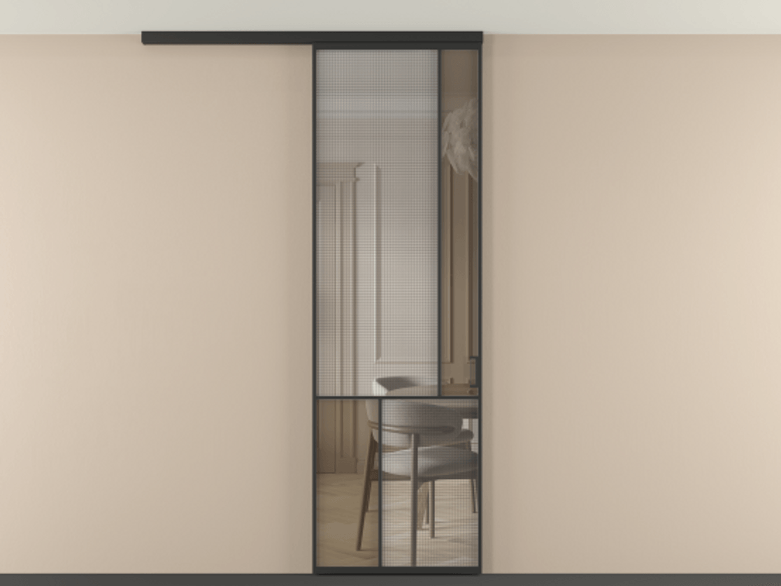 Перегородка Mosaic вдоль стены на потолок одностворчатая АЛПР 041.21 Алюминий Черный Декоративное стекло с сеткой "Mesh silver", триплекс, 6 мм + Прозрачное бронзовое стекло, триплекс Цена 135560 ₽ | Volhovec