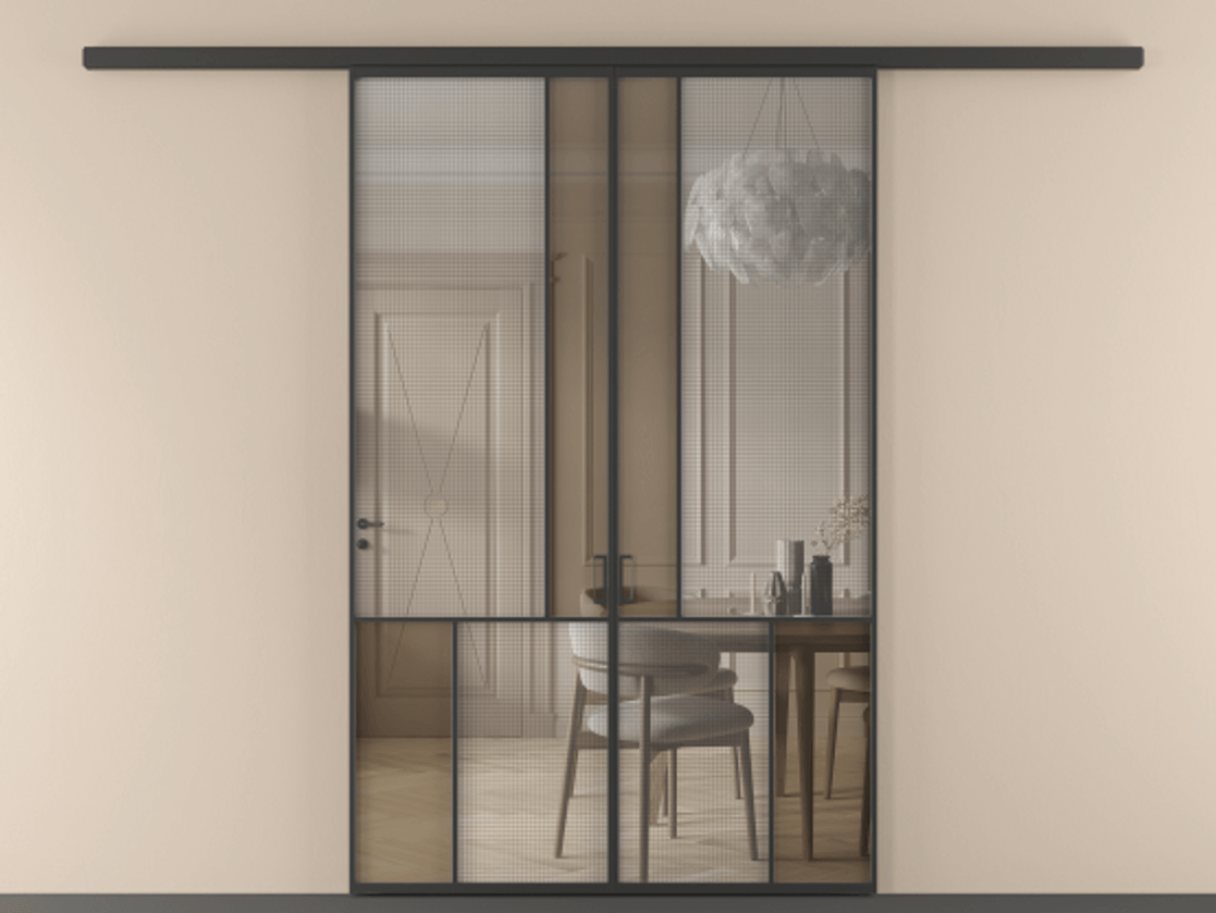 Перегородка Mosaic вдоль стены двустворчатая АЛПР 041.20 Алюминий Черный Декоративное стекло с сеткой "Mesh silver", триплекс, 6 мм + Прозрачное бронзовое стекло, триплекс Цена 266080 ₽ | Volhovec