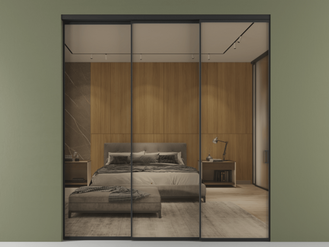 Перегородка Formato внутри проёма телескопик синхро 2 АЛПР 040.01 Алюминий Черный Рефлективное бронзовое стекло "Stopsol", калёное Цена 379900 ₽  | Volhovec