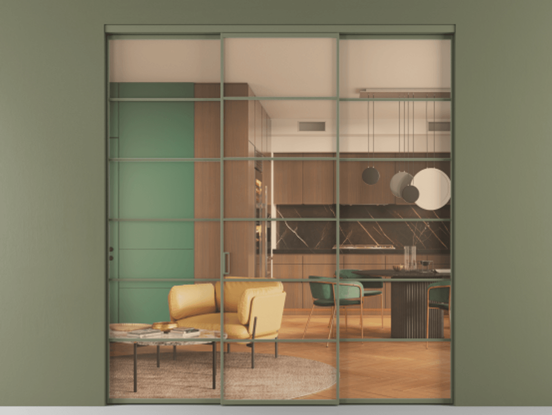 Перегородка Formato внутри проёма трёхстворчатая АЛПР 040.04 Алюминий оливковый тёмный Прозрачное оранжевое стекло, триплекс Цена 13900 AZE | Volhovec