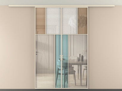 Алюминевая перегородка vdp2_2 Алюминий бежево-серый Четыре стекла. Цвет Алюминий бежево-серый. Материал Алюминий в эмали. Коллекция Перегородка Mosaic вдоль стены на потолок двустворчатая. Картинка.