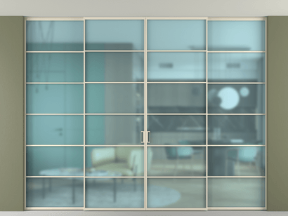 Алюминевая перегородка vn2+2_04 Алюминий бежево-серый Сатинированное голубое стекло, триплекс, 6мм. Цвет Алюминий бежево-серый. Материал Алюминий в эмали. Коллекция Перегородка Formato внутри проёма четырёхстворчатая со скрытым креплением в потолок. Картинка.