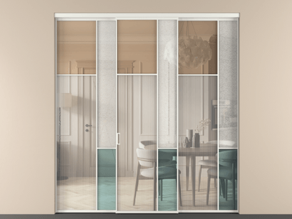 Алюминевая перегородка vn3_7 Алюминий светло-серый Четыре стекла. Цвет Алюминий светло-серый. Материал Алюминий в эмали. Коллекция Перегородка Mosaic внутри проёма трёхстворчатая. Картинка.