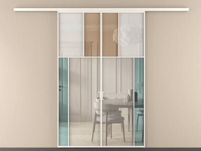 Алюминевая перегородка vd2_4 Алюминий пудровый белый Четыре стекла. Цвет Алюминий пудровый белый. Материал Алюминий в эмали. Коллекция Перегородка Mosaic вдоль стены двустворчатая. Картинка.