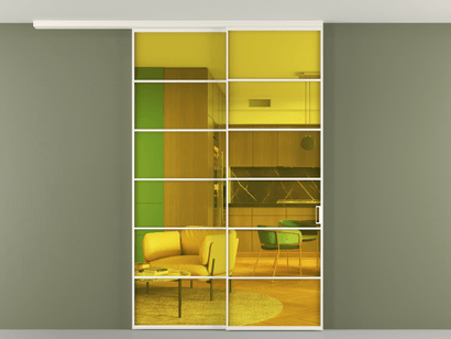 Алюминевая перегородка pv2_2_04_ Алюминий пудровый белый Прозрачное жёлтое стекло, триплекс, 6мм. Цвет Алюминий пудровый белый. Материал Алюминий в эмали. Коллекция Перегородка Formato вдоль стены на потолок телескопик синхро 2. Картинка.