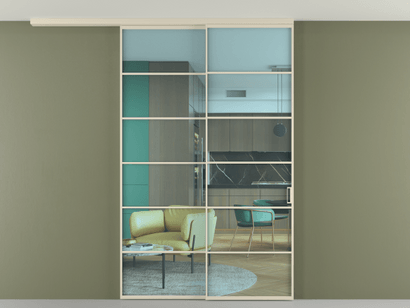 Алюминевая перегородка pv2_2_04_ Алюминий бежево-серый Прозрачное голубое стекло, триплекс, 6мм. Цвет Алюминий бежево-серый. Материал Алюминий в эмали. Коллекция Перегородка Formato вдоль стены на потолок телескопик синхро 2. Картинка.