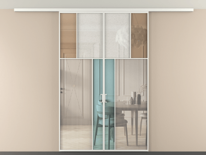 Алюминевая перегородка vdp2_2 Алюминий светло-серый Четыре стекла. Цвет Алюминий светло-серый. Материал Алюминий в эмали. Коллекция Перегородка Mosaic вдоль стены на потолок двустворчатая. Картинка.