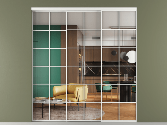 Алюминевая перегородка АЛПР 040.05_АБЛ_Crystalvision_new. Цвет Алюминий белоснежный. Материал Алюминий в эмали. Коллекция Перегородка Formato внутри проёма 3 створки с синхронным механизмом. Картинка.