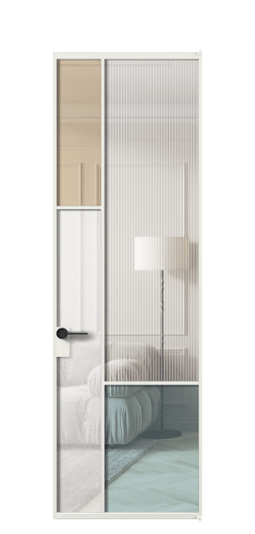Дверь межкомнатная АЛПЛ041.13 АССР 4 стекла. Цвет Алюминий светло-серый. Материал Алюминий в эмали. Коллекция Mosaic. Картинка.