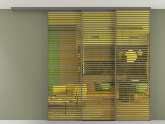 Алюминевая перегородка АЛПР 040.07_АКЛС_ПРОЗ ЖЕЛ_new. Цвет Алюминий классический серый. Материал Алюминий в эмали. Коллекция Перегородка Formato вдоль стены на потолок 3 створки с синхронным механизмом. Картинка.